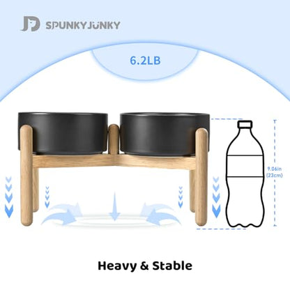 SPUNKYJUNKY Ceramics Elevated Dog Bowls with Wooden Stand Raised Dog Bowl for Medium Large Dog Food and Water Pet Feeding Bowl(Double 60OZ Bowls,Black) - color: Black(Double Bowls Set), size: Large - 7.6 CUPS