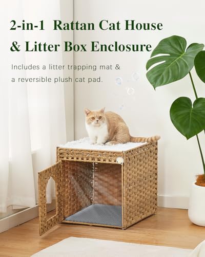 SETVSON Cat Litter Box Enclosure Furniture with One Cat Bed Pad, Hidden Litter Box Handwoven Rattan Cat House with Two S-Shaped Hooks for Living Room, Bedroom, 18.5 x 20.5 x 19.1 Inch,Natural - color: Natural, size: Standard With 1 Cat Bed