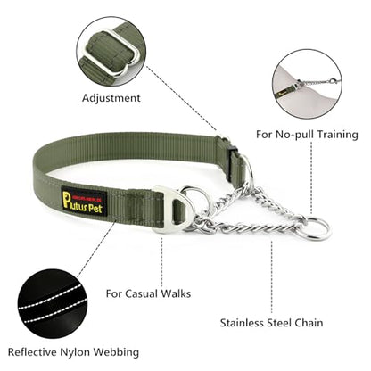 Plutus Pet Martingale Dog Collar with Stainless Steel Chain and Reflective Nylon, Adjustable No Pull Training Collar, for Small Medium, and Large Dogs, Ranger Green, S - color: Ranger Green, size: Small