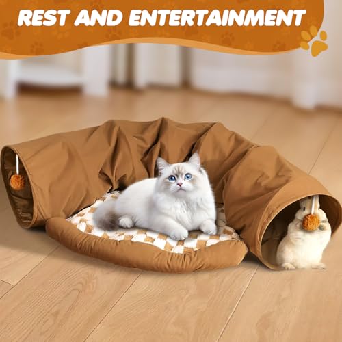 Spardar Bunny Tunnel Bed, 2-in-1 Collapsible Tunnel Tubes Toys, Washable, with Removable Mat Hideout, Interactive Toys for Rabbits Chinchilla Hedgehog Guinea Pigs Kitty, Khaki - color: Khaki