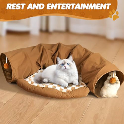 Spardar Bunny Tunnel Bed, 2-in-1 Collapsible Tunnel Tubes Toys, Washable, with Removable Mat Hideout, Interactive Toys for Rabbits Chinchilla Hedgehog Guinea Pigs Kitty, Khaki - color: Khaki
