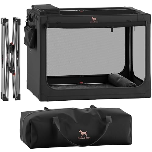 Noah & Paw Collapsible Dog Crate 30 Inches, Large Dog Crate for Large Medium Breeds, Travel Kennel for Car, Including Pet Mat for Pet Cage, 2 Storage Pockets, Handbag, 10mm Locking Zipper 30*21*21 - color: Black, size: L