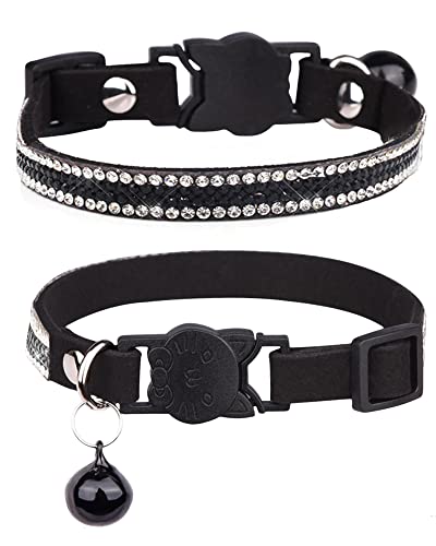 Solmoony Breakaway Cat Collars with Bell,Adjustable Safe Kitten Collar,Cat Collars for Girl Cats with Rhinestone Soft Velvet (Black2) - color: Black2