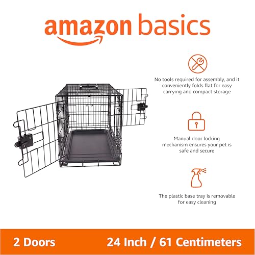 Amazon Basics Portable, Foldable Metal Wire Dog Crate with Removable Tray, Double Door, Divider Panel, 24" x 18" x 20", Black - size: 24.0"L x 18.0"W x 20.0"H, style: Double Door w/ Divider