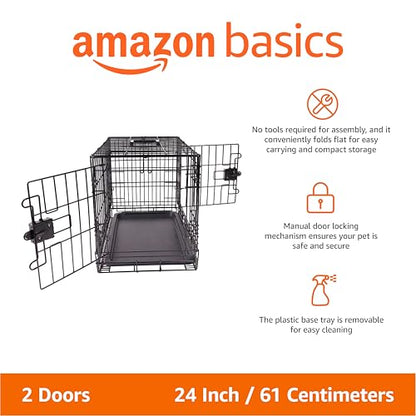 Amazon Basics Portable, Foldable Metal Wire Dog Crate with Removable Tray, Double Door, Divider Panel, 24" x 18" x 20", Black - size: 24.0"L x 18.0"W x 20.0"H, style: Double Door w/ Divider