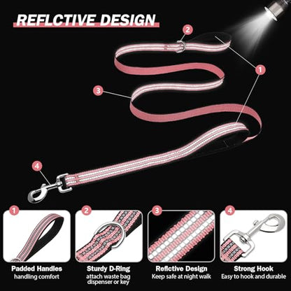 Hikiko 6 FT Heavy Duty Dog Leash with 2 Padded Handles Reflective Nylon Double Handle Dog Leash, Cherry Pink - color: Cherry Pink, size: 1 in x 6 ft