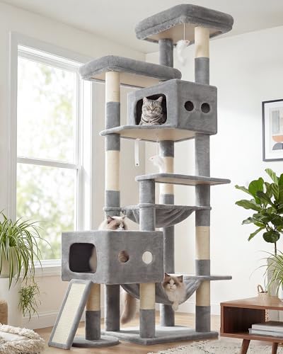 Globlazer Multi-Level Extra Large Tall Cat Tower 83 inch Sturdy Heavy Duty Cat Tree for Indoor Large Adult Cats Kittens with 2 Cat Condo, 8 Scratching Post, 2 Hammock, S83G, Light Grey - color: Light Grey