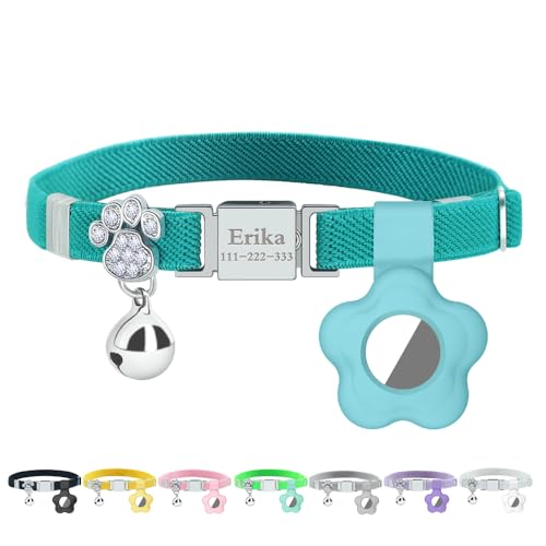 Personalized Safety Elastic Cat Collars with Bell Soft Silicone Cover for Air Tag,Laser Customized Stretch Kitten Collars for Girls Boys Cats (Cyan) - color: Cyan