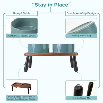 SPUNKYJUNKY Ceramic Elevated Dog Bowls Raised with Acacia Bamboo Wooden Stand, 6.1'' Dog Cat Food Water Bowls Set Non-Slip for Small Medium Sized Breed Microwave Dishwasher Safe - 28.7 OZ,Dark Green - color: Dark Green, size: 6.1 in - Dual
