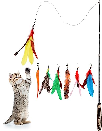 Pawaboo Interactive Cat Toys for Indoor Cats, Cat Wand Toys, Cat Fishing Pole Toy for Kitten Kitty, Cat Feather Teaser Wand Toys (Colorful, Stripes) - color: Colorful