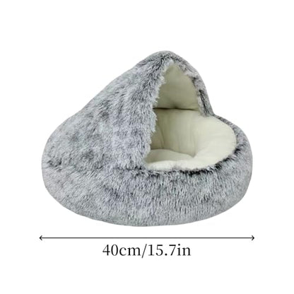 Calming Cat Cave Bed with Hooded Cover, Short-Haired Plush Washable Bed with Non-Slip Bottom, Comfortable and Cozy Round Bed for Small and Medium Cats, Anti-Anxiety Pet Bed(40cm/15.7inches, Gray)