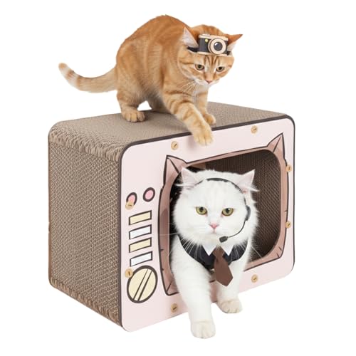 Cardboard Cat House with Scratch Pads, Durable 2-Story Corrugated Cat Scratcher Playhouse with Windows, Large Hideout for Indoor Cats & Small Pets, Easy Assembly, 15.5" L × 8.46" W × 12.4" H - color: Brown