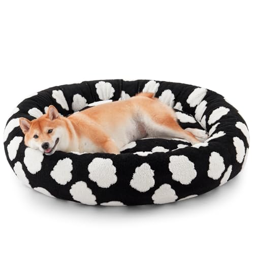 JOEJOY Donut Dog Bed Medium Size Dog, Cute Round Calming Pet Bed with Removable Washable Cover, Orthopedic Puppy Bed with Jacquard Shaggy Plush & Non Skid Bottom - color: Black, size: M (30x30x8)