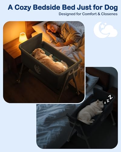 Bedside Dog Bed for Medium & Large Dogs, 4-Height Adjustable Pet Bassinet, Elevated Side-Sleeper Extension for High Human Bed, Washable Large Dog Couch with Auto-Braking Wheels(for Dogs Up to 77 lbs) - size: X-Large