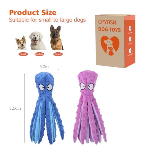 CPYOSN Dog Squeaky Toys Octopus - No Stuffing Crinkle Plush Dog Toys for Puppy Teething, Durable Interactive Chew Toys for Small, Medium and Large Dogs Training and Reduce Boredom, 2 Pack - color: Blue+Purple