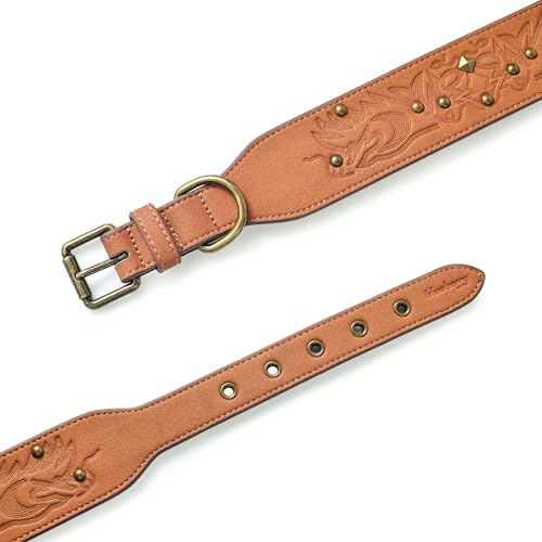 Blueberry Pet Premium Embossed Silver-Powered Freshness Microfiber Suede Leather Dog Collar in Saddle Brown - color: Saddle Brown, size: Medium