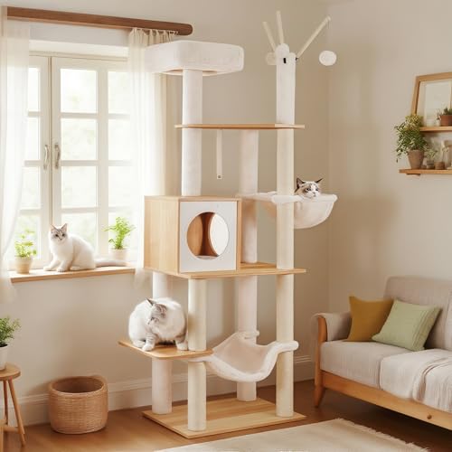 Hey-brother Wooden Cat Tree, 66.1“ Cat Furniture with Scratching Posts, Modern Cat Tower with hammocks, Toys, cat condo, Walnut MPJ120WB - color: Walnut