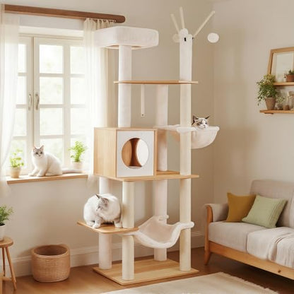 Hey-brother Wooden Cat Tree, 66.1“ Cat Furniture with Scratching Posts, Modern Cat Tower with hammocks, Toys, cat condo, Walnut MPJ120WB - color: Walnut