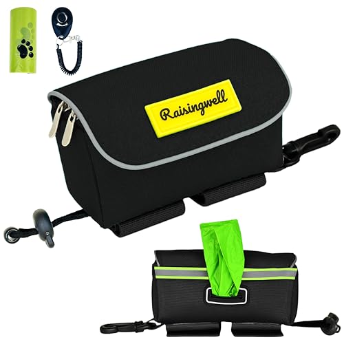 Dog Poop Bag Holder for Leash, 2 Waterproof Zipper Pouches, Dog Treat Pouch for Pet Walking Accessories, with Dispenser, Training Clicker and 1 Free Roll (Black) - color: Black