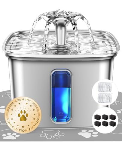 Veken Innovation Award Winner Stainless Steel Cat Water Fountain, 108oz/3.2L Automatic Pet Fountain Dog Water Dispenser with 6 Replacement Filters & Silicone Mat for Cats, Dogs, Multiple Pets (Silver) - color: Silver+6 Filters+6 Sponges, size: 108oz (High