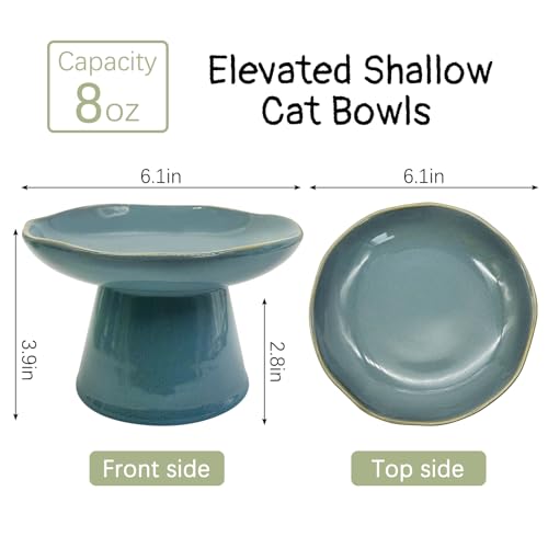 VCEPJH Raised Cat Food Bowls Shallow Cat Plate Ceramic Elevated Cats Dish 6.1in Flat Anti Whisker Fatigue Wide Pet Food & Water Feeder for Indoor Kitty Kitten (Blue) - color: blue
