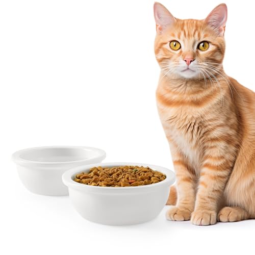 2PCS Cat Bowls Ceramic Replacement Bowl 360ml Kitten Food and Water Bowl for Indoor Cats Puppy Dishes Small Pet Feeding Dish for Rabbit & Guinea Pig Dishwasher & Microwaveable Safe(White)