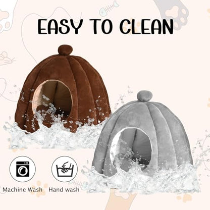 Cat Bed for Indoor Cats - Adorable Cozy Pumpkin Cat Cave with Removable Cushion, Super Soft Pet House Tent for Kittens & Small Pets, Warm & Washable Non-Slip Design(S 15 inch Brown) - style: Brown