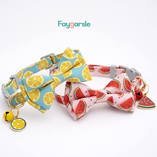 Faygarsle 2 Pack Cute Cat Collar with Bell Breakaway Bowtie for Male Female Cats Soft Fancy Pink Yellow Watermelon Lemon Pattern Spring Summer Cat Collar for Boy Girl Cats - color: Watermelon&Lemon