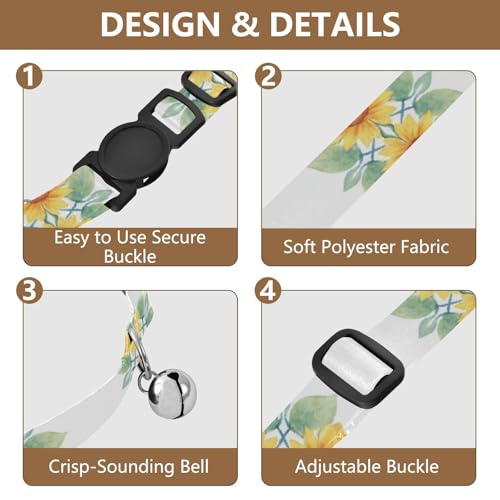 Yellow Sunflowers Green Leaves Kitten Collar with Bell 2 Pack Small Dog Collar Adjustable 10.6 to 17.1 Inches - color: Yellow Sunflowers Green Leaves