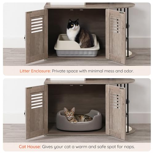 HOOBRO Cat Tree with Litter Box Enclosure, Arched All-in-One 31.5" Cat Tower with Hidden Litter Box Furniture for Indoor Cats, Versatile Cat Condo with Sisal Posts, Hammock, Greige and Gray BG45MZ03 - color: Greige and Gray