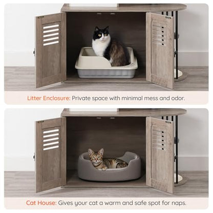 HOOBRO Cat Tree with Litter Box Enclosure, Arched All-in-One 31.5" Cat Tower with Hidden Litter Box Furniture for Indoor Cats, Versatile Cat Condo with Sisal Posts, Hammock, Greige and Gray BG45MZ03 - color: Greige and Gray