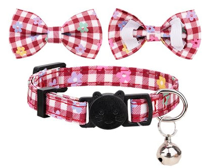 Cat Collar with Bow Tie Bell Breakaway Bowtie 2pcs Set Spring Plaid Flower Floral Solid Boy Girl Cute Kitten Safety B [Plaid & Solid] Wine Red - color: B [Plaid & Solid] Wine Red