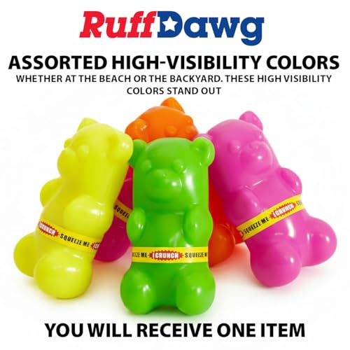 Ruff Dawg Gummy Bear Crunch Dog Toy – (1 pc) Assorted Colors – Loud Crinkle Rubber Fetch Toy with Treat Slot – Bouncy Ruff Flex Shell, Floats – Made in USA