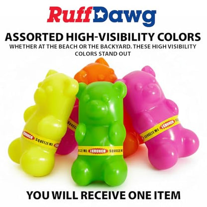 Ruff Dawg Gummy Bear Crunch Dog Toy – (1 pc) Assorted Colors – Loud Crinkle Rubber Fetch Toy with Treat Slot – Bouncy Ruff Flex Shell, Floats – Made in USA