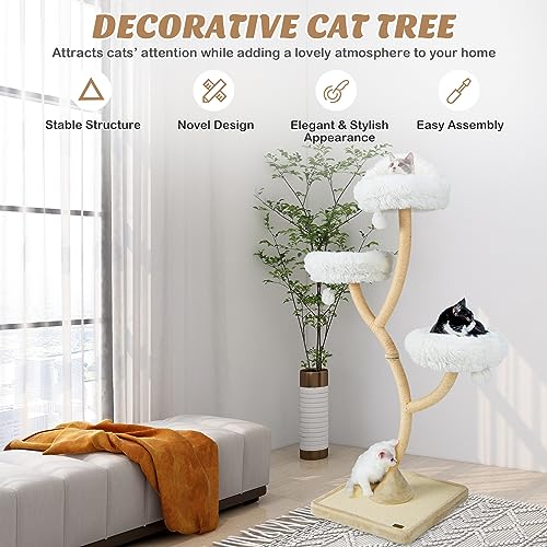 PETSITE 70" Tall Cat Tree, Cat Tower with Scratching Posts and Board, Multi-Level Cat Tower for Large Cats 20 lbs+ with 3 Cozy Perches and Dangling Balls, Modern Cat Tree for Indoor Cats Large Adult - color: White