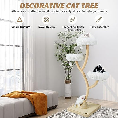 PETSITE 70" Tall Cat Tree, Cat Tower with Scratching Posts and Board, Multi-Level Cat Tower for Large Cats 20 lbs+ with 3 Cozy Perches and Dangling Balls, Modern Cat Tree for Indoor Cats Large Adult - color: White