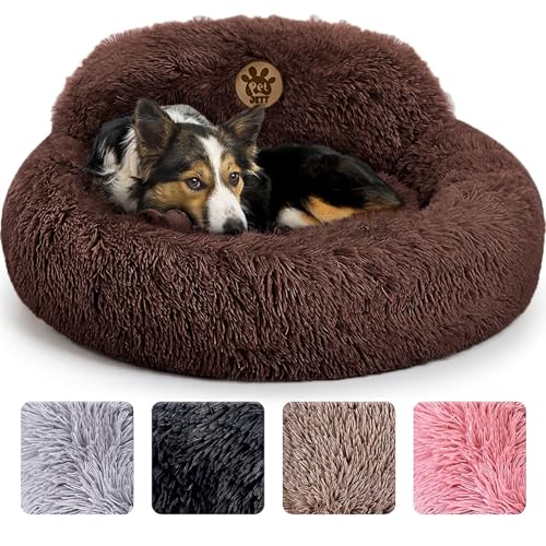 PetJett Calming Dog Bed Medium Size Dog - 30'' Donut Bed, Anti-Slip & Washable Super Soft Fluffy Plush Round Bed, Anti-Anxiety Premium Comfort Pet Bed, Fits Dogs up to 45 lbs - Brown - color: Brown, size: Medium - 30”L x 30”W x 8”Th