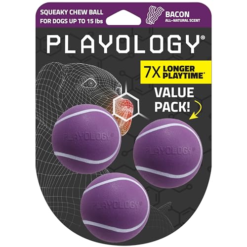 Playology Dog Toys | Squeaky Chew Ball - Bouncy Durable Floating Fetch Ball for Dogs , Value 3-Pack | Small Bacon Scented Toy - Easy to Clean and Made from Non Toxic Materials - size: Small (VALUE 3-Pack), style: Bacon