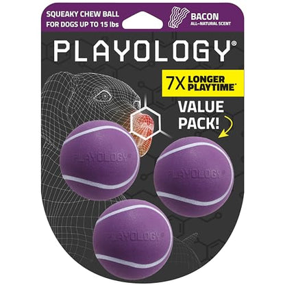 Playology Dog Toys | Squeaky Chew Ball - Bouncy Durable Floating Fetch Ball for Dogs , Value 3-Pack | Small Bacon Scented Toy - Easy to Clean and Made from Non Toxic Materials - size: Small (VALUE 3-Pack), style: Bacon
