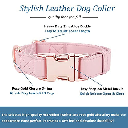 Dog Collar and Leash Set.Soft and Easy to Clean Vegan Leather with Rose Gold Metal Buckle for Small Medium Large Dogs (Pink, L(15.4”-24.8“) - color: Pink, size: L