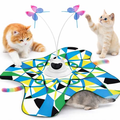 Interactive Cat Toy for Indoor Cats, Rechargeable 3-in-1 Hide and Seek Cat Toy with Spinning Butterfly & Plush Tail, Ultra-Quiet Touch Activated Self Play Cat Exercise Toy for Adult Cats & Kittens
