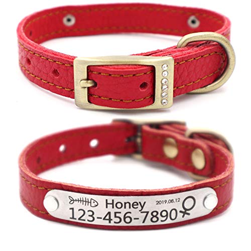 Personalized Leather Cat Collar,Custom with Name Plate and Bell for Boy and Girl Kitten/Cat(XXS,Red) - color: Red, size: XXS