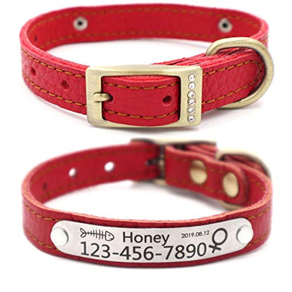 Personalized Leather Cat Collar,Custom with Name Plate and Bell for Boy and Girl Kitten/Cat(XXS,Red) - color: Red, size: XXS