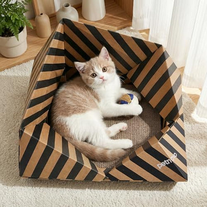Foldable Cardboard Cat House & Bed for Indoor Cats – Origami Cat Cardboard Hideaway with Honeycomb Scratcher Pad, Collapsible Travel-Ready, FSC-Certified, Silver Award Winner, Black - color: Black