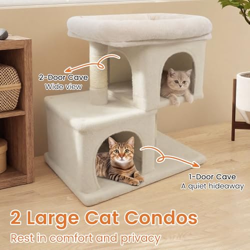 Tangkula Small Cat Tree for Indoor Cats, 25.5 Inch Cat Tower with Sisal Scratching Posts, 2 Large Cat Condos with Padded Top Perch, Modern Cat Climbing Furniture for Adult Cats & Kittens (Beige) - color: Beige
