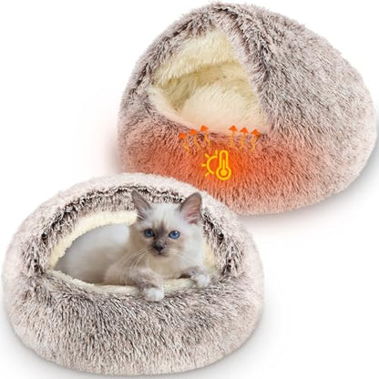 Cinnvoice 2 Pcs Self Warming Cat Beds with Hood, Self Heating Dog Cave Bed, Fluffy Round Covered Pet Pad, Plush Hooded Pet Beds with Non-Slip Bottom for Indoor Cat or Small Middle Dog(Coffee,24 in) - size: 24 In