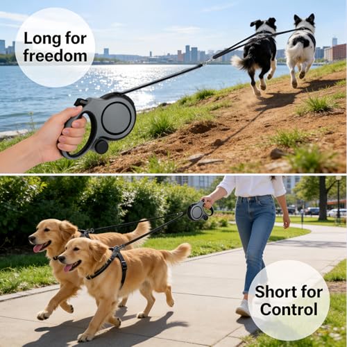Dual Retractable Dog Leash 2 Large Dogs (Up to 110 Lbs Each), 2 Headed Pet Leash with Poop Bags, 16ft Extension, Non-Slip Grip, One-Button Break & Lock, 360-degree Tangle-Free (Gray, Large) - color: Gray, size: Large