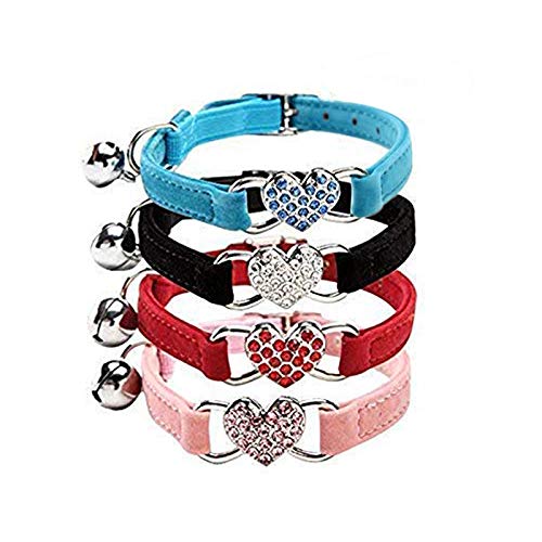 CHUKCHI Pink Soft Velvet Safe Cat Adjustable Collar with Crystal Heart Charm and Bells 8-11 Inches(Black+Red+Pink+Blue) - color: Black+Red+Pink+Blue