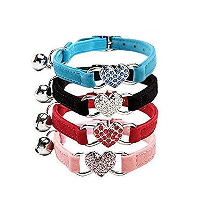 CHUKCHI Pink Soft Velvet Safe Cat Adjustable Collar with Crystal Heart Charm and Bells 8-11 Inches(Black+Red+Pink+Blue) - color: Black+Red+Pink+Blue