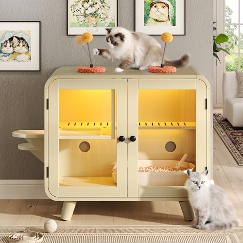 Merax Cat Hidden Litter Box Enclosure with RGB LED Light – Retro TV-Style Cat House Cabinet with Stairs, Pom-Pom Toys, Litter Leak Walkway & Glass Doors for Living Room,Beige - color: Beige